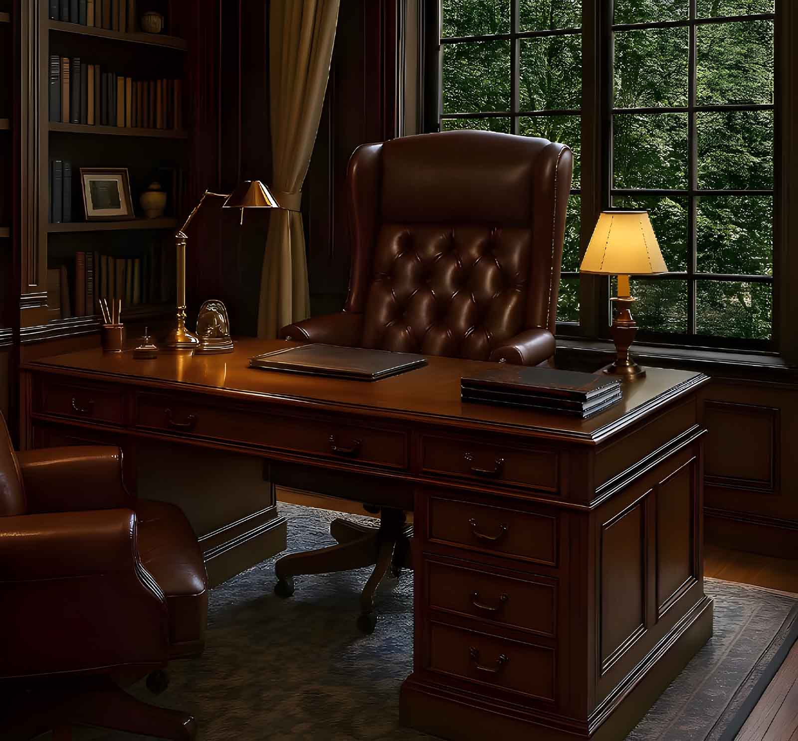 Executive solid wooden office leather seat with tufted back buttons